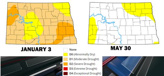 Drought Monitor in ND for January 3 compared to May 30, 2023