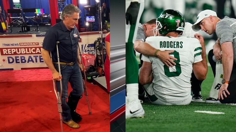 LEFT: North Dakota Gov. Doug Burgum appears on crutches after an Achilles injury before the...