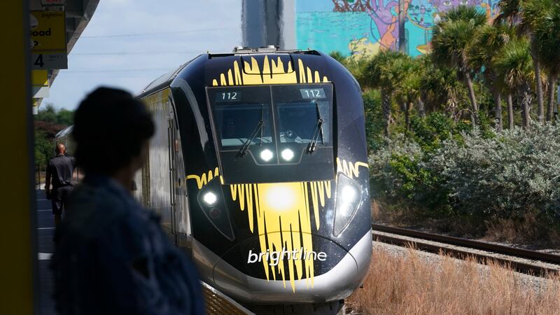 A Brightline train approaches the Fort Lauderdale station on Friday, Sept. 8, 2023, in Fort...