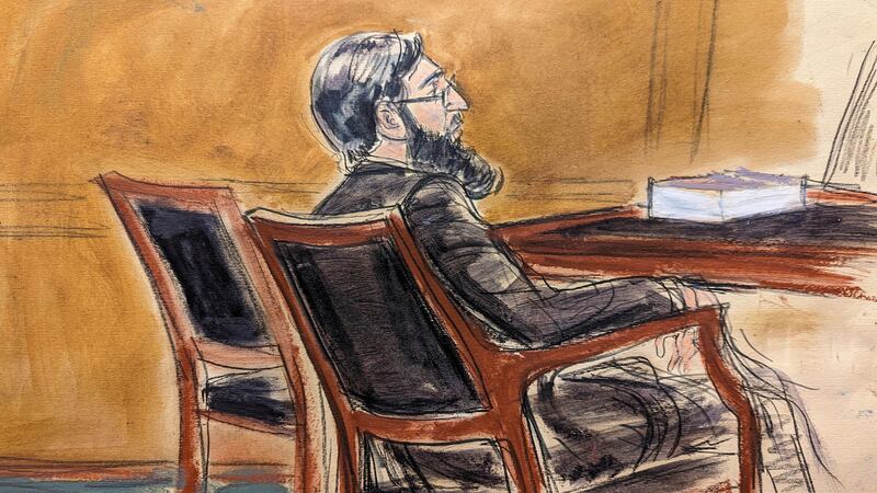 In this courtroom sketch, in federal court in New York, Thursday, Jan. 26, 2023, Sayfullo...