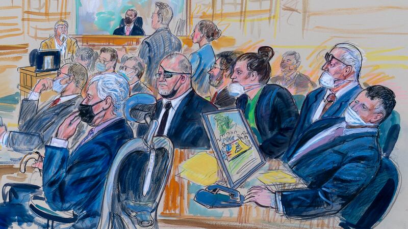 This artist sketch depicts the trial of Oath Keepers leader Stewart Rhodes and four others...