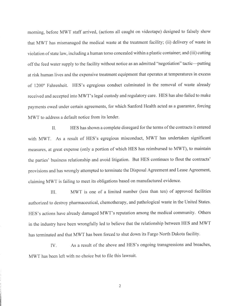 Page 2 – Lawsuit filed in Cass County against Sanford Health